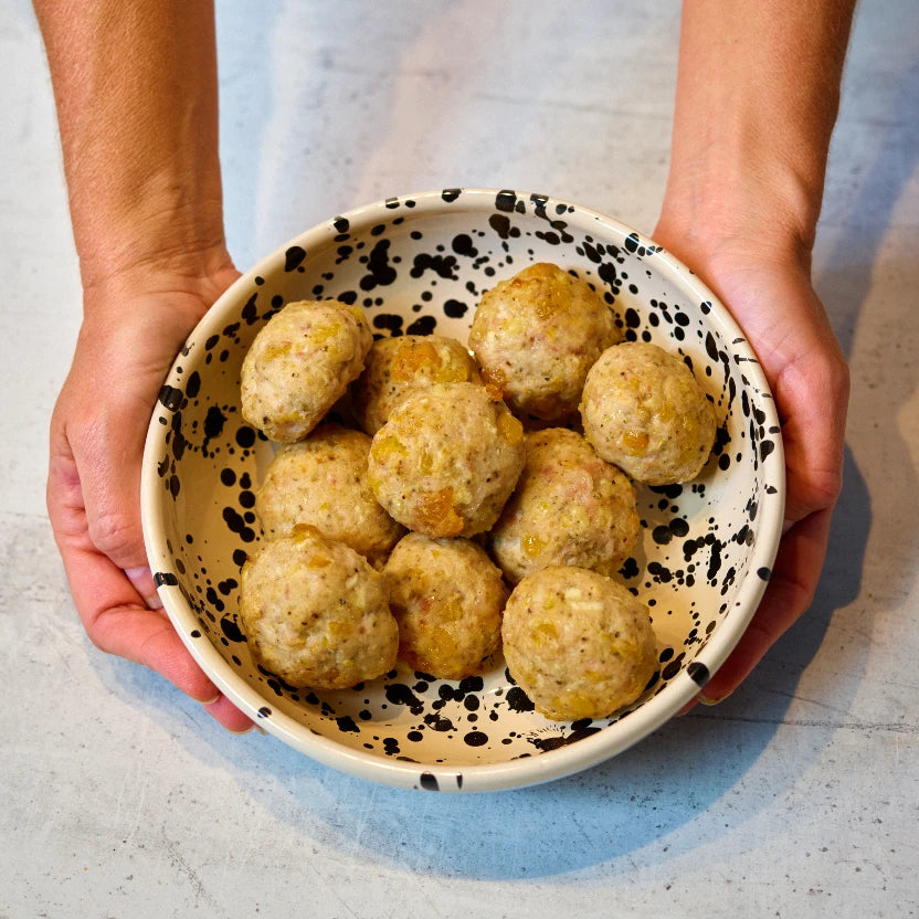 Bacon, Turkey, Apricot and Smoked Cheese Stuffing Balls with a Horseradish Gravy Dip