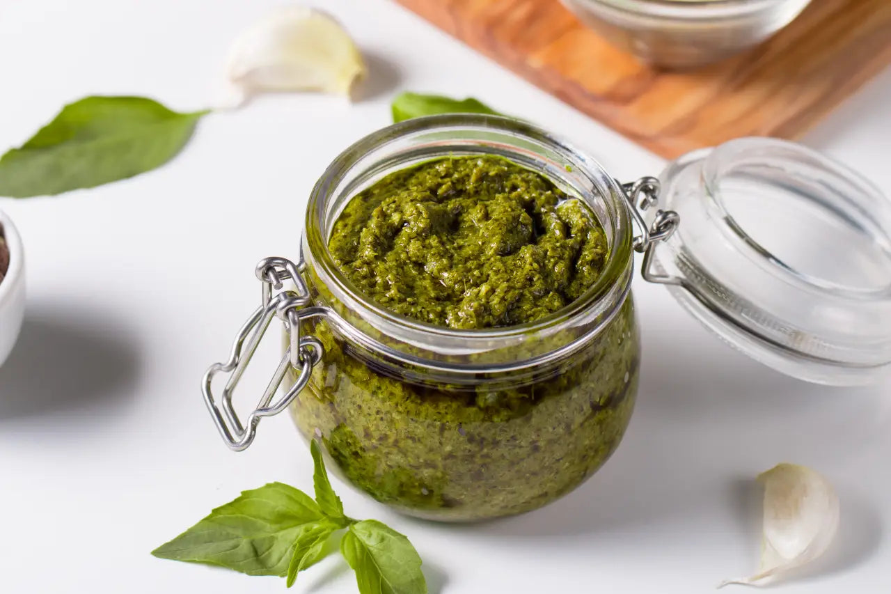 A jar or parsley and pumpkin pesto