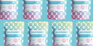 WillPowders MCT powder products; MCT Keto Creamer and MCT Keto Creamer Travel Sachets, on the left on a yellow background