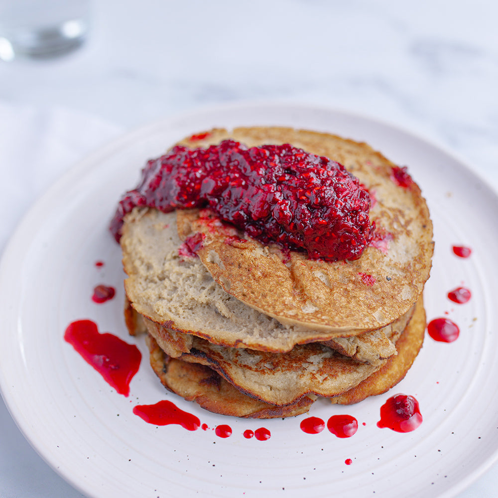 Almond and Banana pancakes with Raspberry Jam